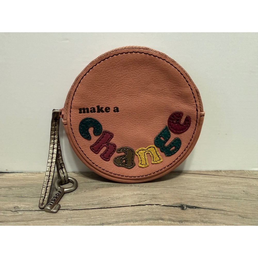 Fossil Make a Change Leather Round Coin Purse Wristlet Pink Key Charm Zip Pouch